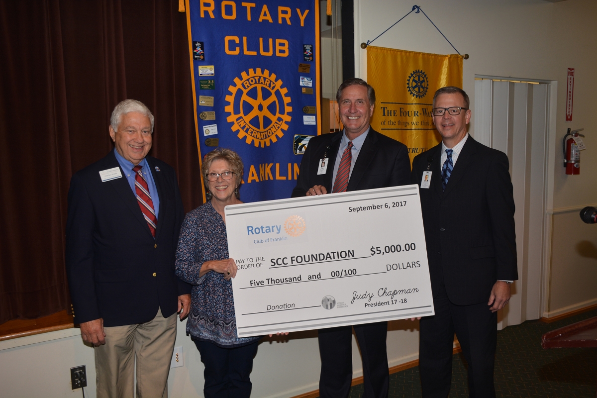 On Sept. 6, the Franklin Rotary Club donated $5,000 to the SCC Foundation’s Student Success Campaign. Pictured here are, from left: Charles Wolfe, chairman of the Student Success Campaign; Janet Greene, president-elect of the Franklin Rotary Club; Dr. Don Tomas, president of SCC; and Brett Woods, director of the SCC Foundation.
