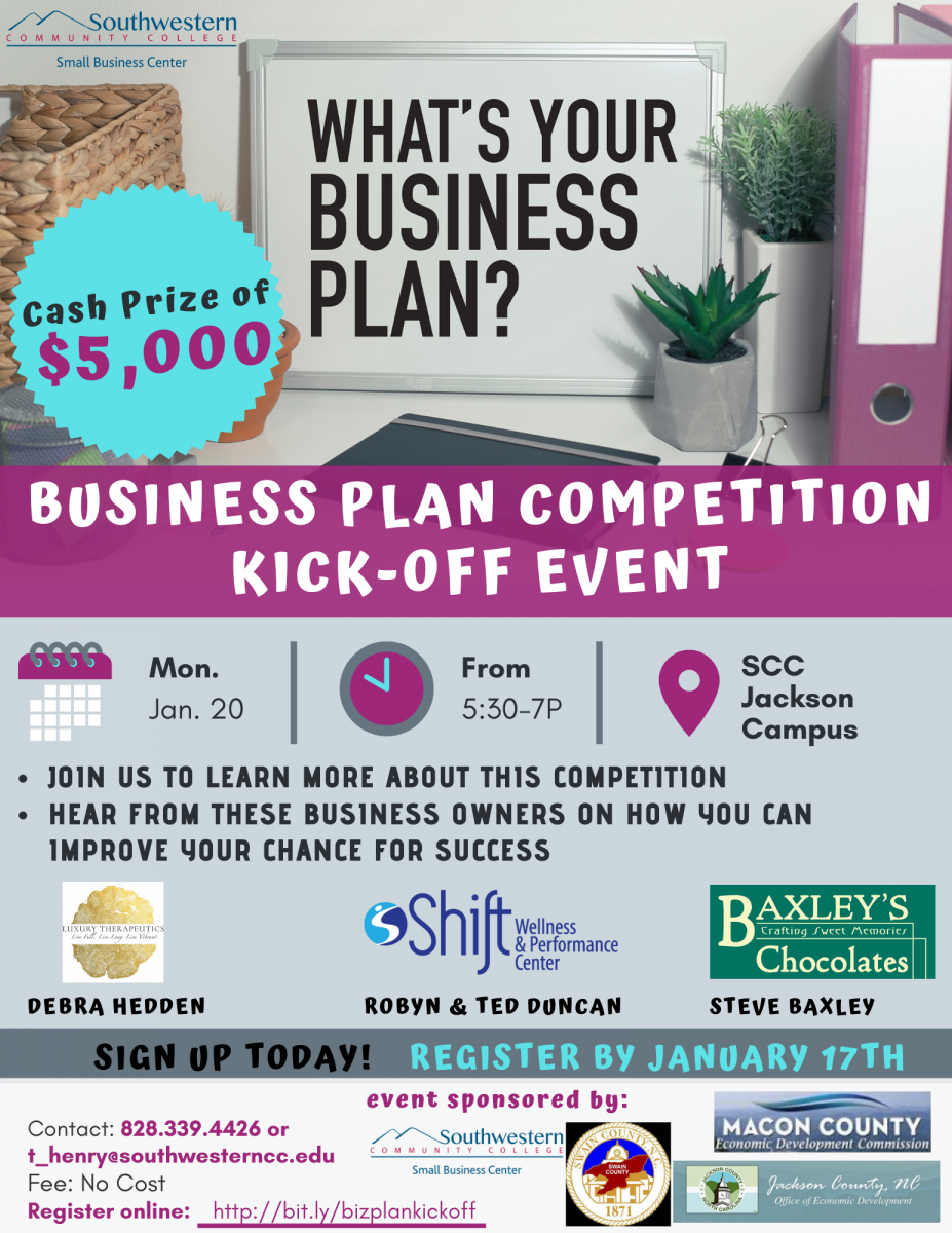 A flier advertising a kick off event for the regional business plan competition.