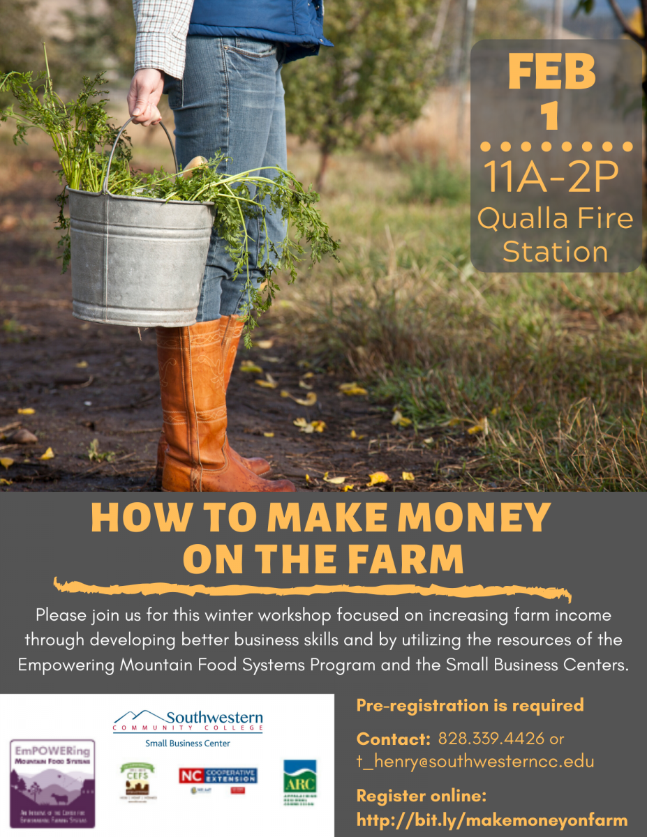 Flier advertising how to make money for farmers. A female farmer is holding a bucket outdoors on a sunny day.