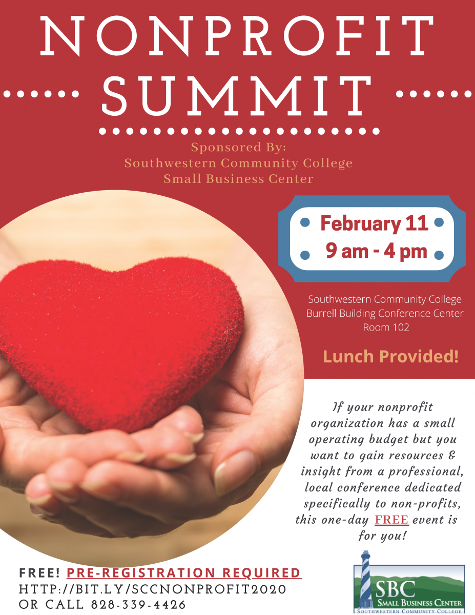 A flier advertising a workshop for nonprofit organizations. A pair of hands holding a heart.