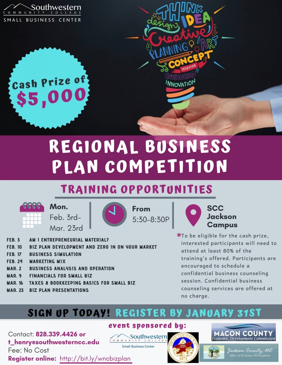 Flier advertising a regional business competition. A pair of hands holding a colorful lightbulb.