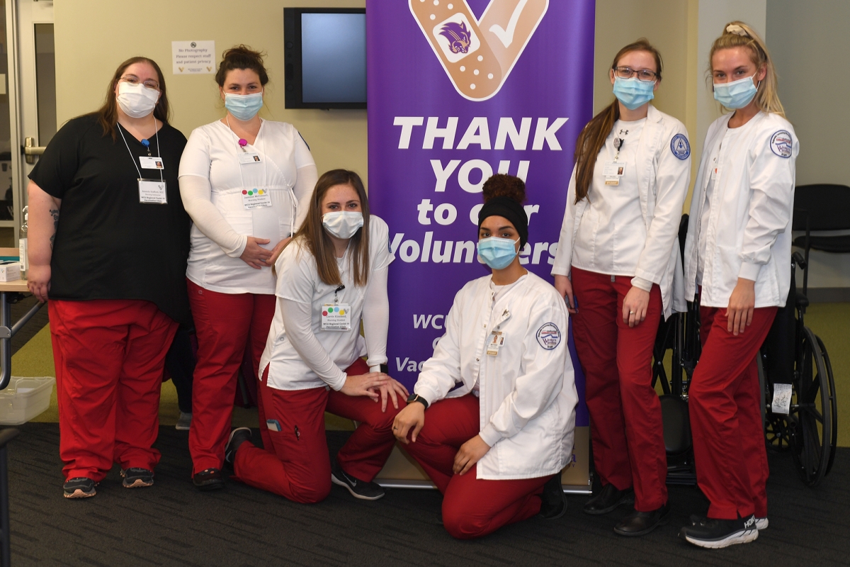 SCC Nursing students who volunteered at WCU’s COVID-19 vaccination clinic on March 15 are pictured here with their instructor. From left: Nursing instructor Amanda Stafford, Jasmine McConnell, Corrie Kinsland, Brittany Gardner, Hailey Jenkins and Rylee Williamson.
