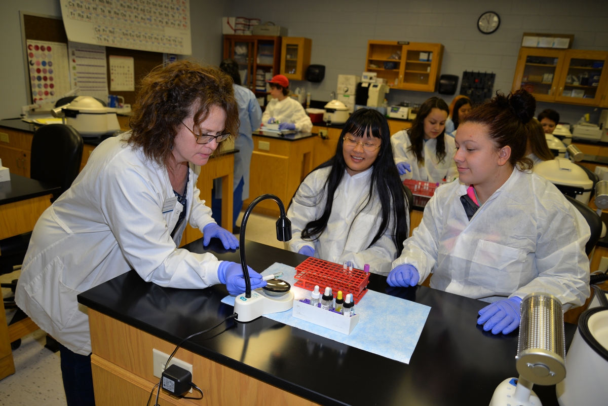 Three people working on blood sampling lab project at SCC.