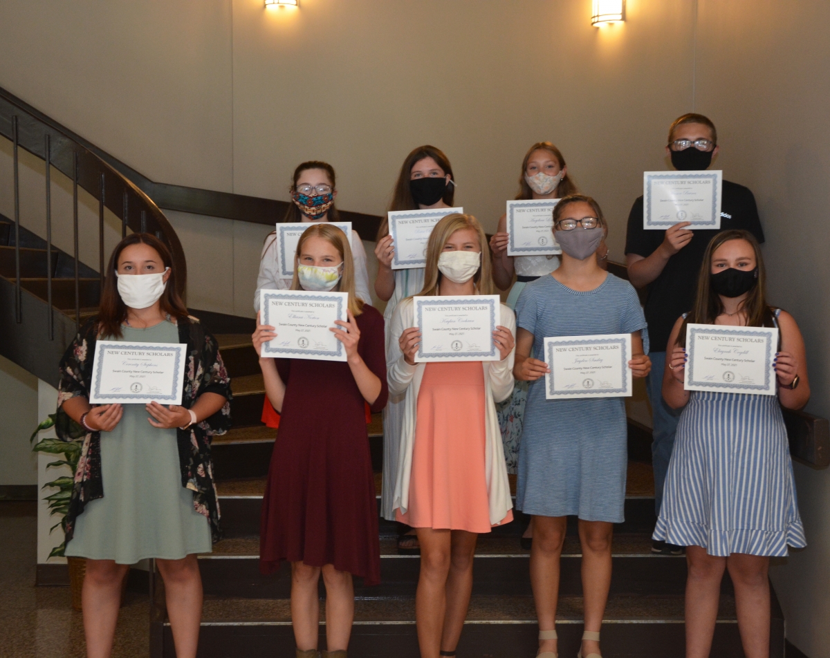 Swain County students inducted into the New Century Scholars program on May 27 included, bottom row from left: Cerenity Stephens, Elliana Norton, Kaylan Cochran, Jayden Smiley, and Elaynah Cogdill. Top row from left: Stephanie Dyer, Brice Rogers, Angelina Lomeli, and Wessen Baines. Not pictured: Rylee Rawls.