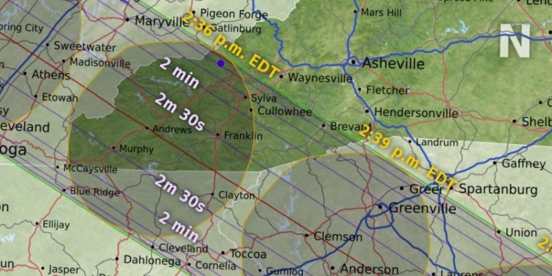 A map of time of totality for western North Carolina.