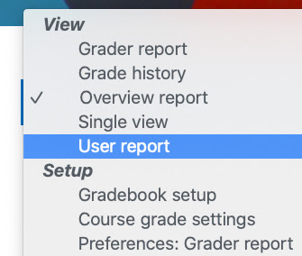 image of possible gradebook views, including Grader Report, Grade History, Single View, and User Report