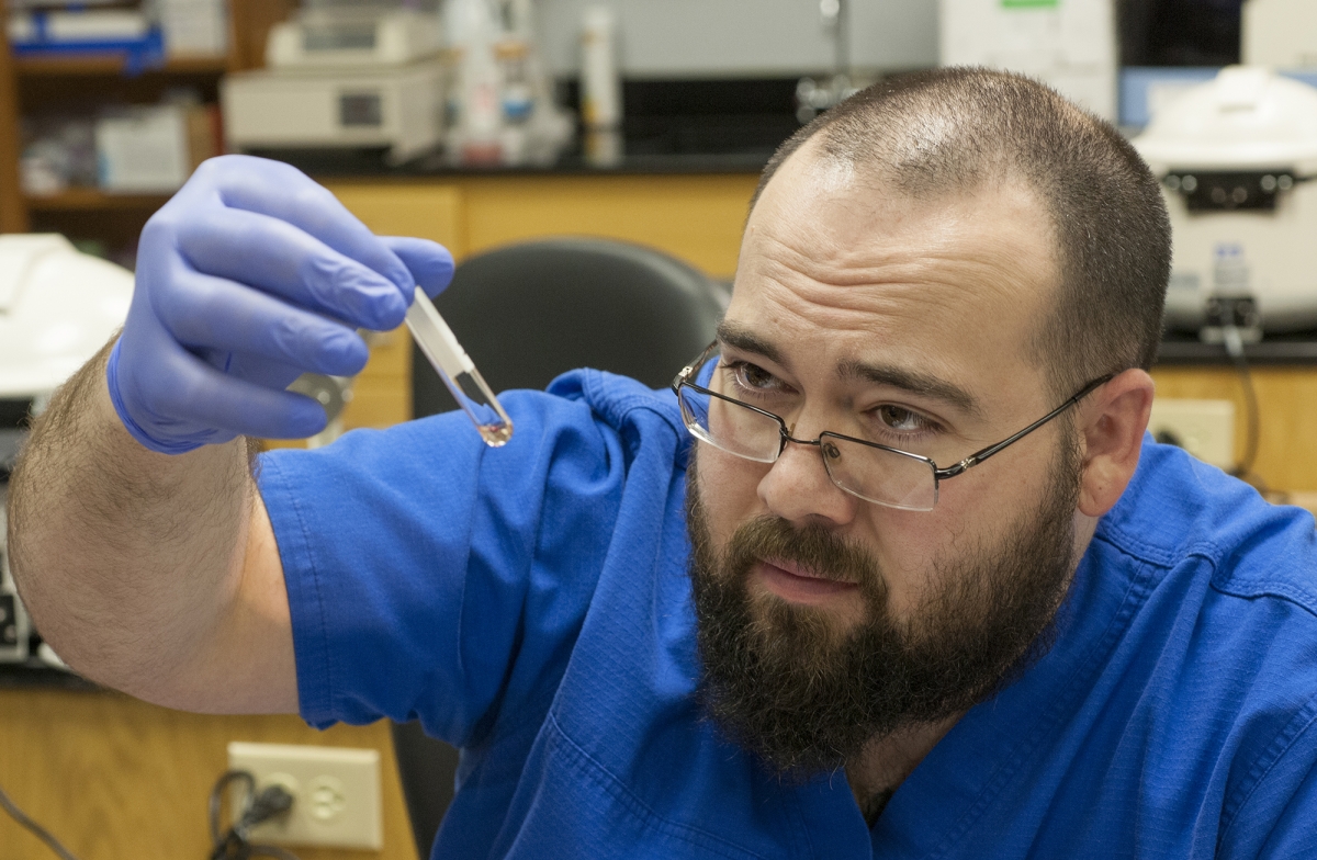 Man analyzes liquid inside a test tube.