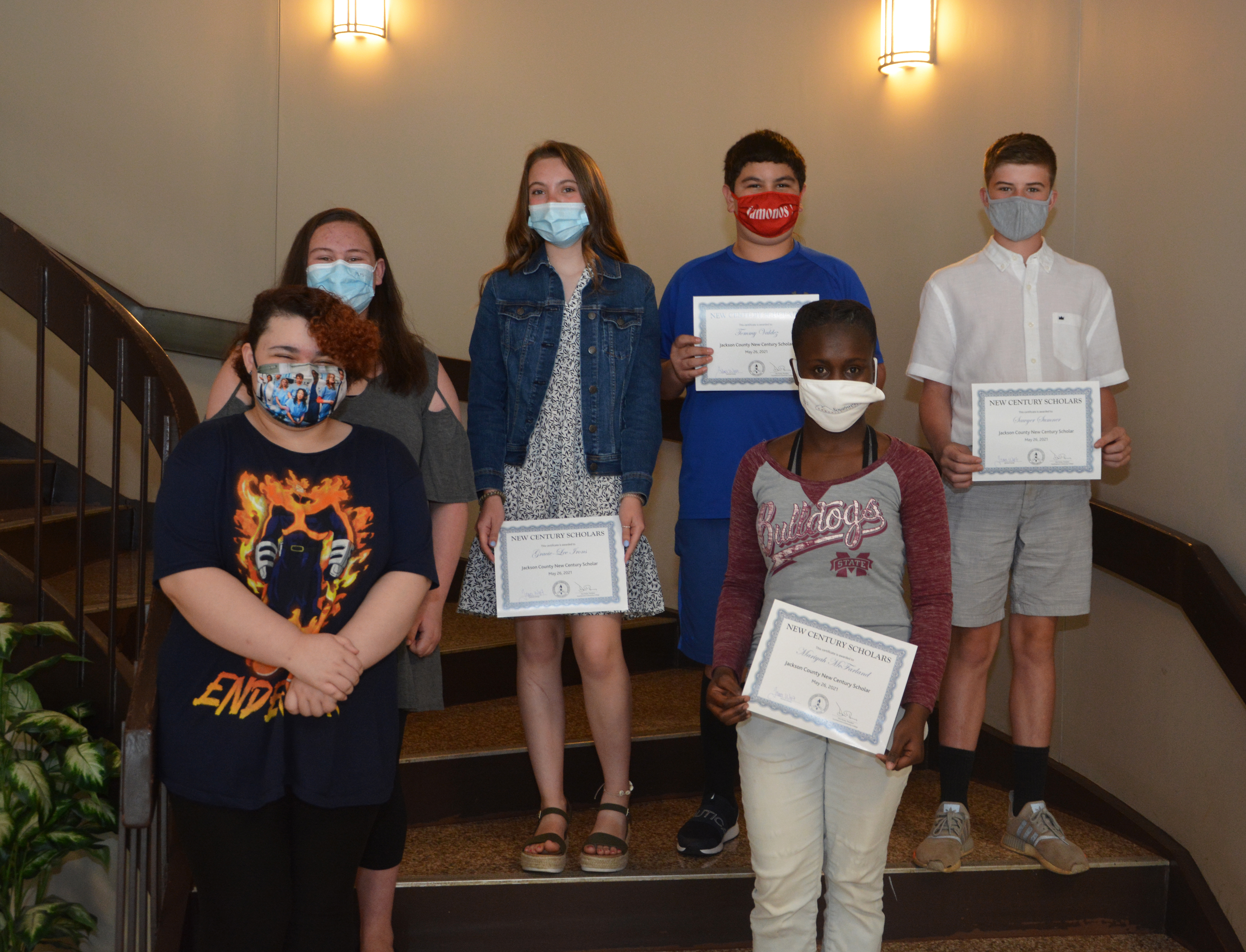 Jackson County students inducted into the New Century Scholars program on May 26 included, bottom row from left: Yamilex Rojas, Mariyah McFarland. Top row from left: Carmen Anderson, Gracie-Lee Irons, Tommy Valdez, and Sawyer Sumner. Not pictured: Ian Beck, Adrianna Ellenburg, Sarah Martinez, and McKenzie Woods.