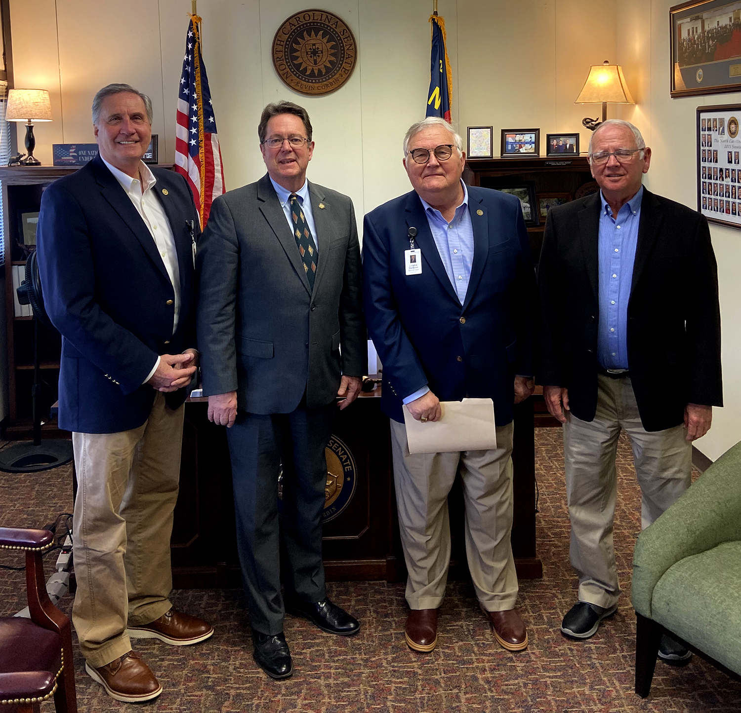 During a recent trip to Raleigh, Southwestern Community College officials met with State Senator Kevin Corbin (second from left). At left is Dr. Don Tomas, SCC President, and to Corbin’s right are Vance Davidson, Chair of SCC’s Board of Trustees; and Gerald McKinney, newly appointed member of SCC’s Board of Trustees.