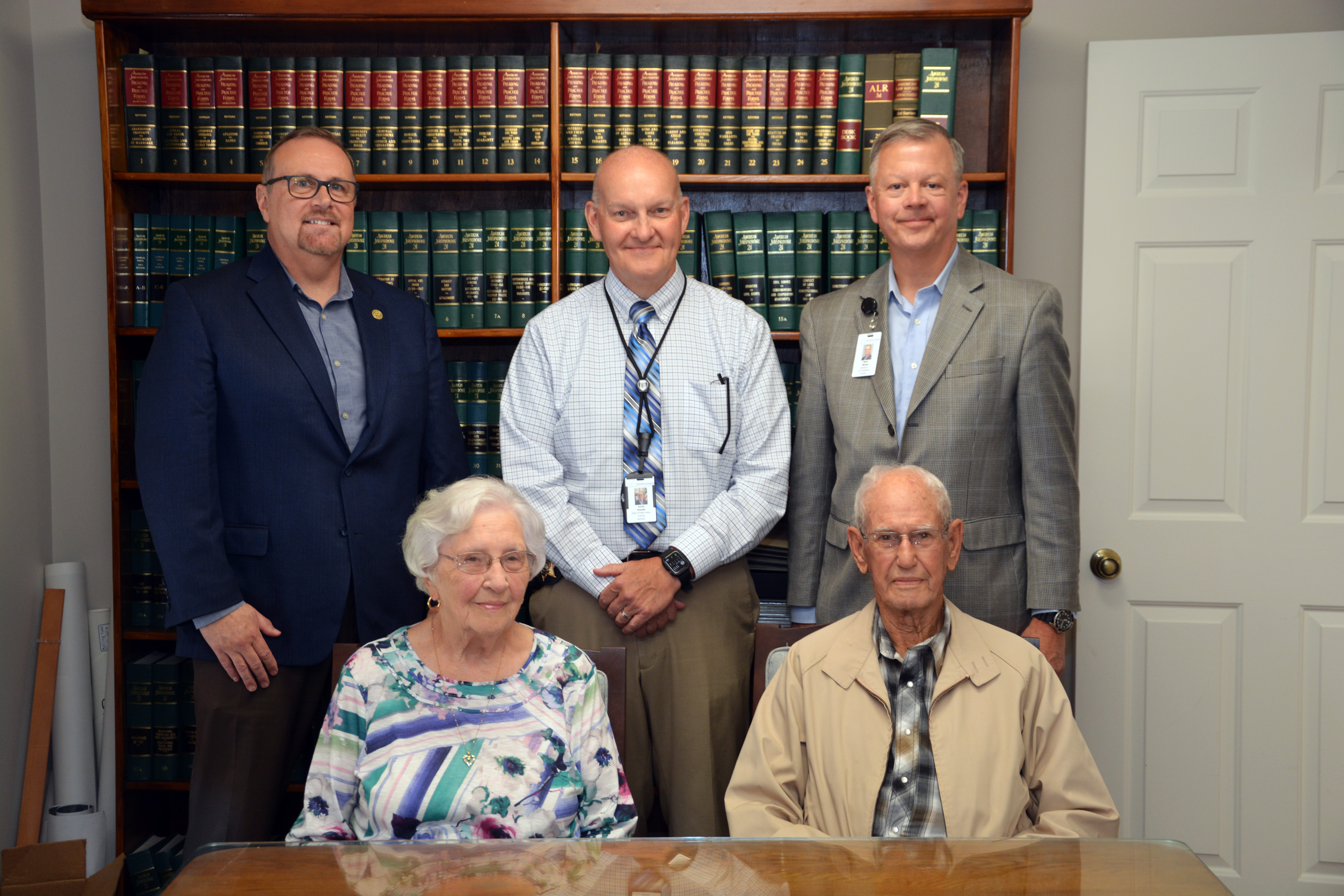 Former Macon County Sheriff George Moses (front right) and his wife Margaret (front left) recently endowed a new scholarship fund for Basic Law Enforcement Training through the Southwestern Community College Foundation. Pictured behind the couple are from left: Dr. Thom Brooks, Executive Vice President for Instruction and Student Services at SCC; Curtis Dowdle, SCC’s Dean of Public Safety Training, and Brett Woods, Director of the SCC Foundation.