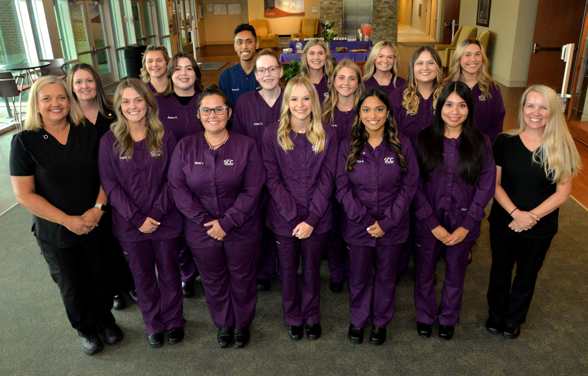 Members of SCC’s first Dental Assisting class are pictured here with their instructors. Front row, from left: Instructor Kristy Lance, Kayla McEntire of Sylva, Nicole Toner of Whittier, Emily Pilkerton of Franklin, Diya Patel of Sylva, Ashley Lopez of Franklin and Abra Brooks, SCC’s Dental Hygiene Program Coordinator. Middle row, from left: SCC instructor Jeniffer Nicholson, Awee French of Dillsboro, Haley Henderson of Franklin, Kelle Williams of Robbinsville, and Kaylee Cornelius of Murphy. Back row: Madeline Potts of Cashiers, Akram Patel of Sylva, Kaitlyn Richmond of Sylva, Ansley Welch of Waynesville and Alexandria Trantham of Cullowhee.