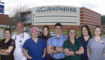 Harris Regional & Swain Community Hospitals are offering a new “Healthcare Scholars” program that will provide last-dollar tuition and other financial support for SCC students in the Health Sciences fields represented in this photo. Pictured here are, from left: Ariel Chambers-Frizzell (Nurse Aide) of Sylva; Glenn Barnett (Nursing) of Robbinsville; Brittany Luker (Surgical Technology) of Cullowhee; Jordan Nelon (Medical Sonography) of Waynesville; Mitch Wike (EMS) of Cullowhee; Holly Parton (Respiratory The