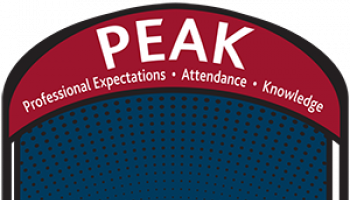 PEAK graphic featuring mountaintops, spells out acronym