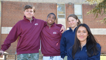 Current JCEC students pose for a photo earlier this month on SCC’s Jackson Campus in Sylva. From left are Christian Simmons, Willie Knight, Lurae Mackey and Lucia Romero.