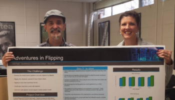 man and woman stand behind poster