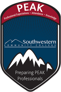 PEAK graphic featuring mountaintops, spells out acronym